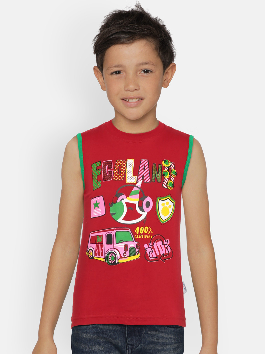 dongli Boys Red Printed Round Neck Sleeveless T-shirt