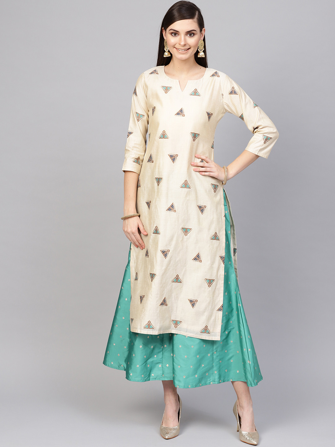 Libas Women Beige & Green Embroidered Kurta with Palazzos