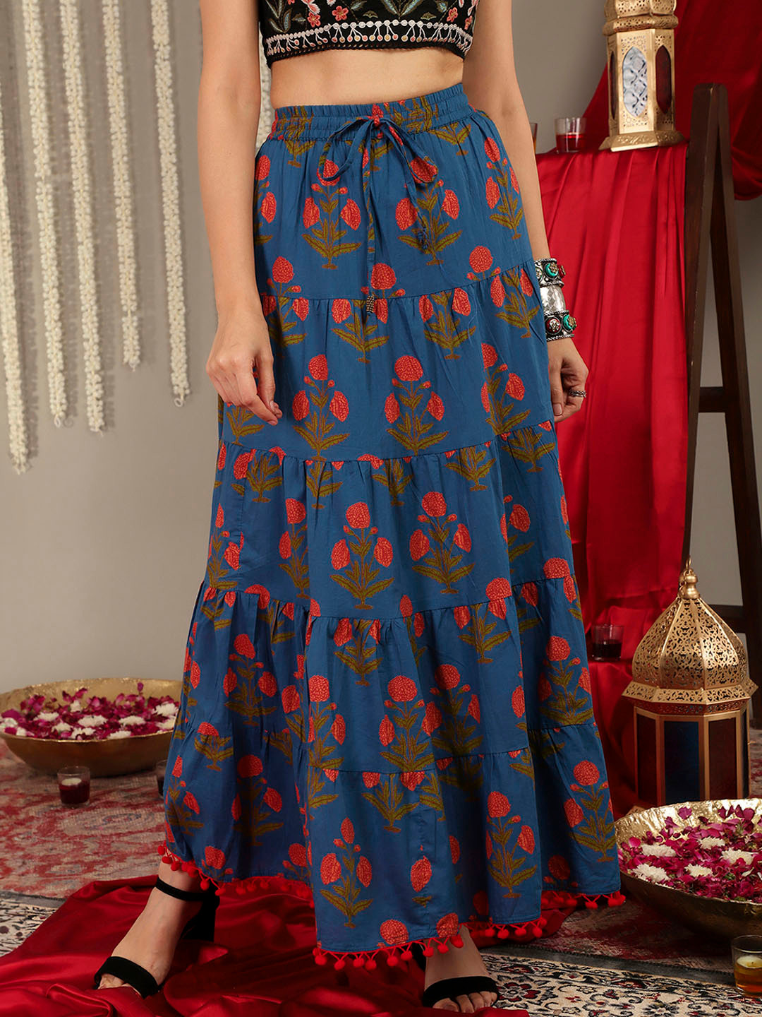 Varanga Women Printed Flared Maxi Skirt with Pom-Pom and Tiered Detail