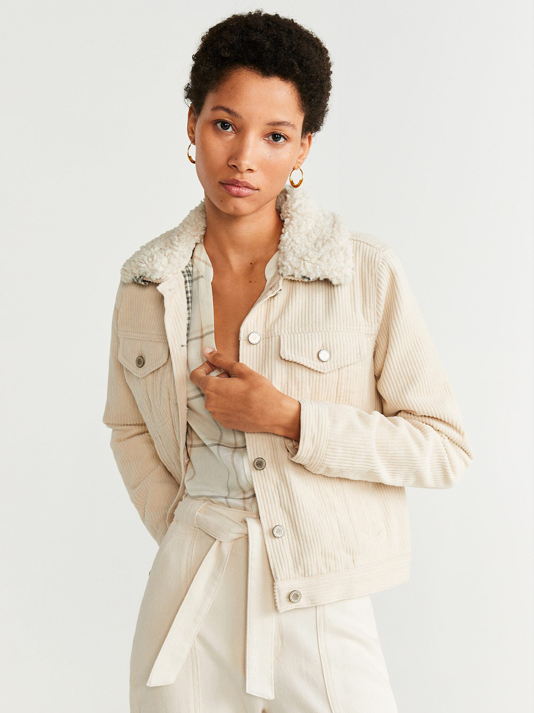 MANGO Women Cream-Coloured Self-Striped Tailored Jacket