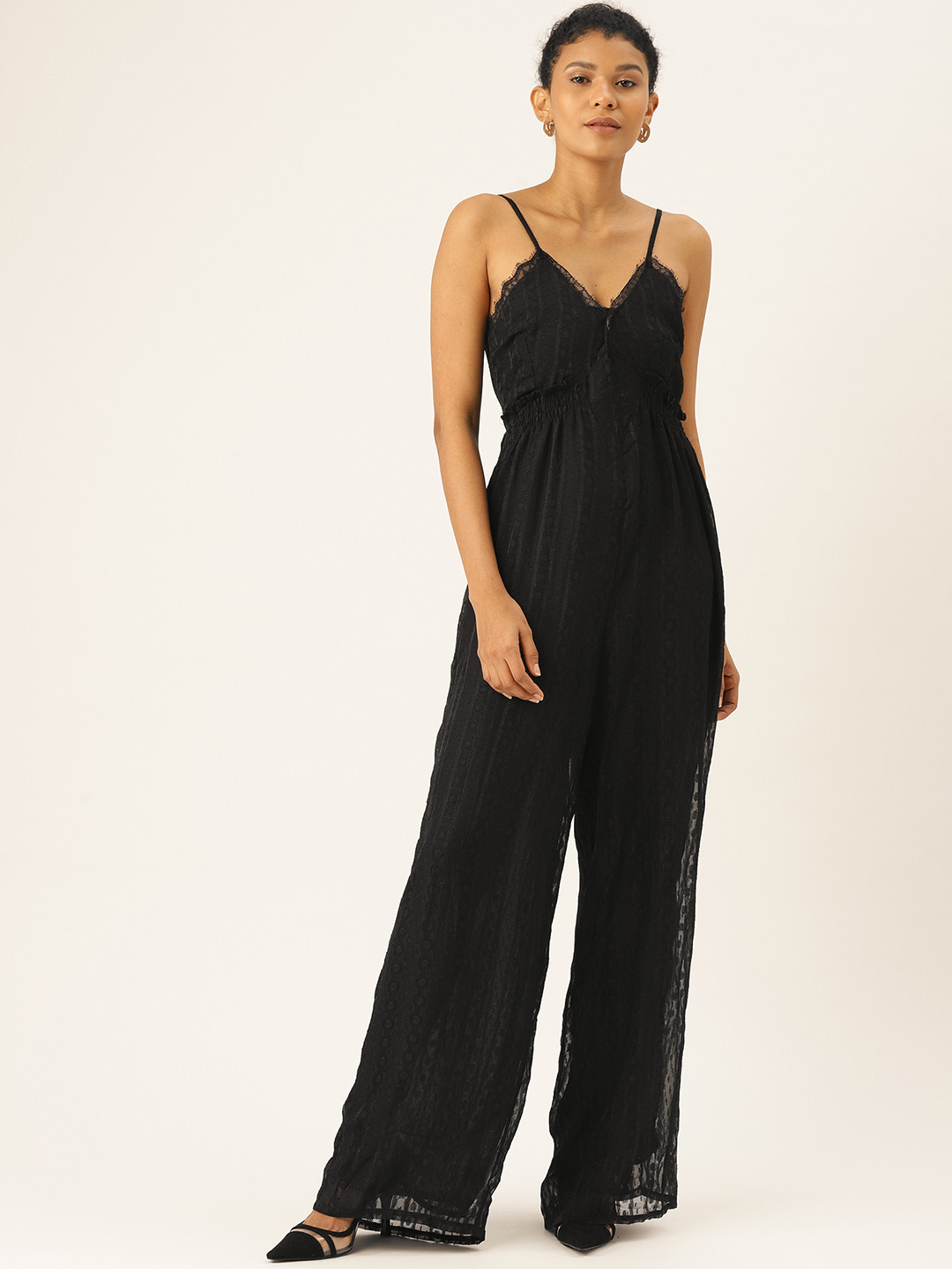 MANGO Women Black Lace Insert Basic Jumpsuit