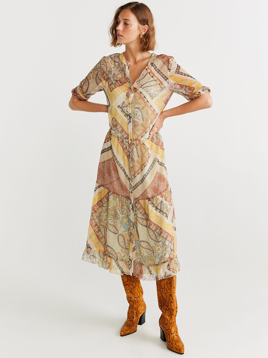 MANGO Women Cream-Coloured & Rust Orange Printed A-Line Dress