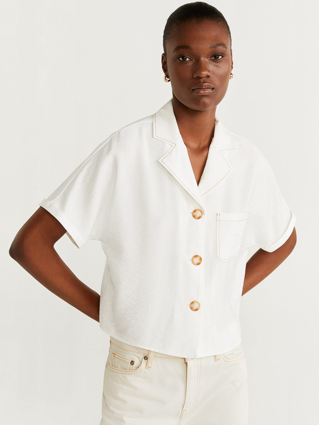 MANGO Women White Regular Fit Solid Casual Shirt