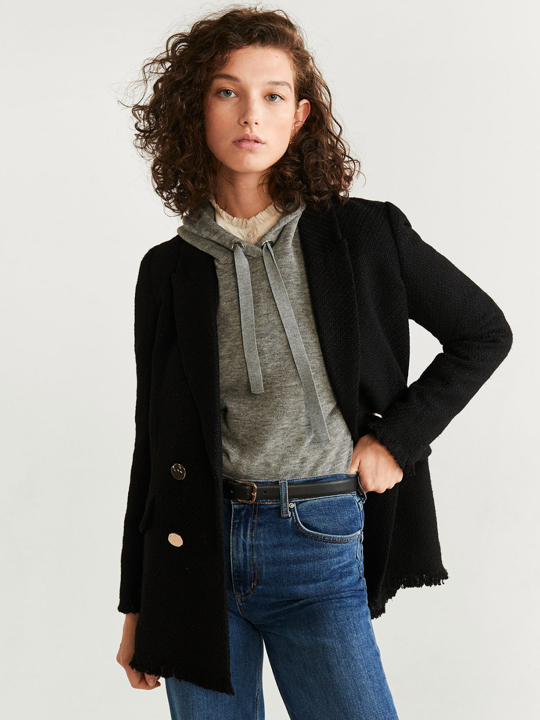 MANGO Women Black Self Design Double-Breasted Casual Blazer