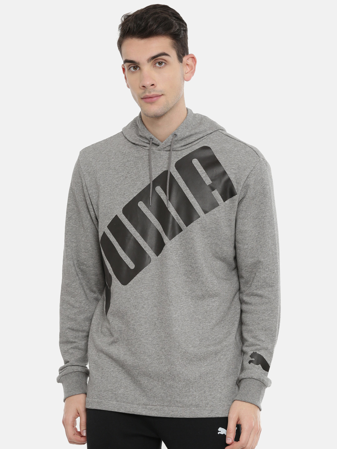 Puma Men Grey & Black Printed OS Slant Logo Hooded Sweatshirt