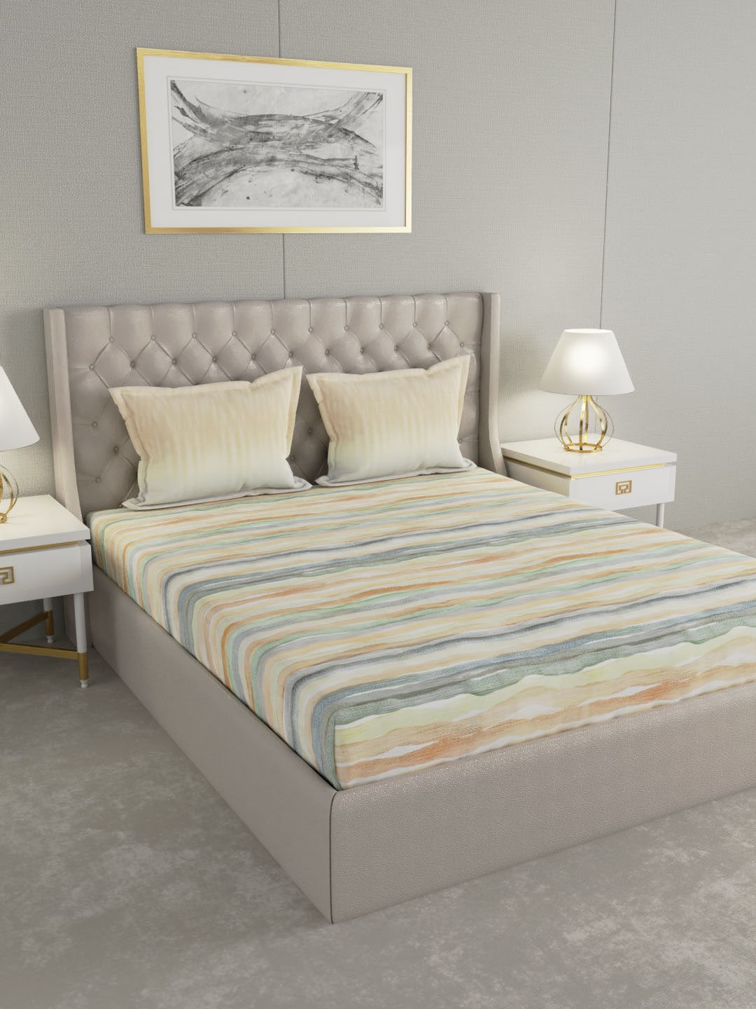 GM Regal Yellow Abstract Cotton 144 TC Queen Superfine Bedsheet with 2 Pillow Covers-90 x 108 inches