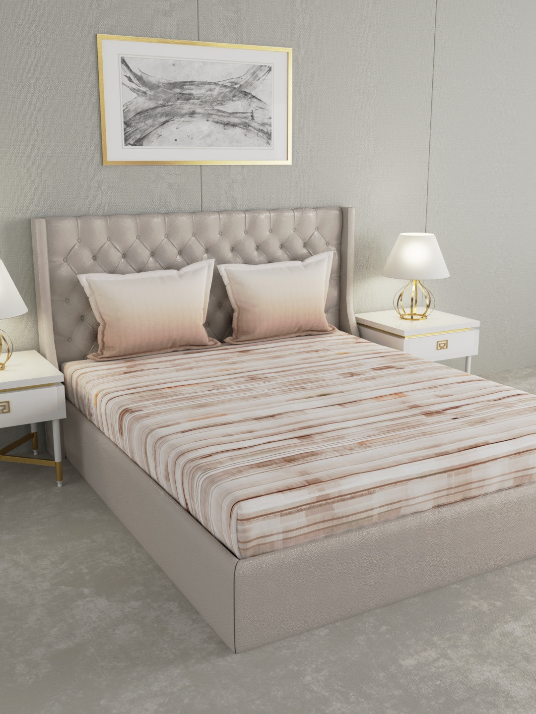 GM Gmf Regal Beige Abstract Cotton 144 TC King Bedsheet with 2 Pillow Covers-90 x 108 inches