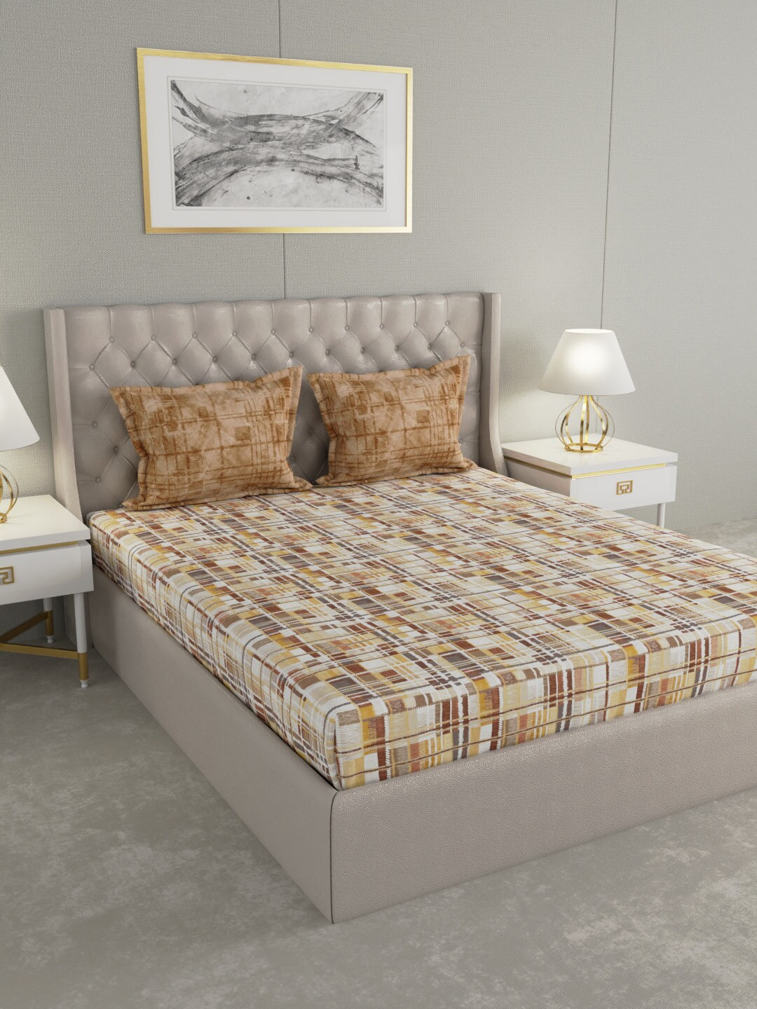 GM Regal Beige Geometric Cotton 144 TC Queen Bedsheet with 2 Pillow Covers-90 x 108 inches