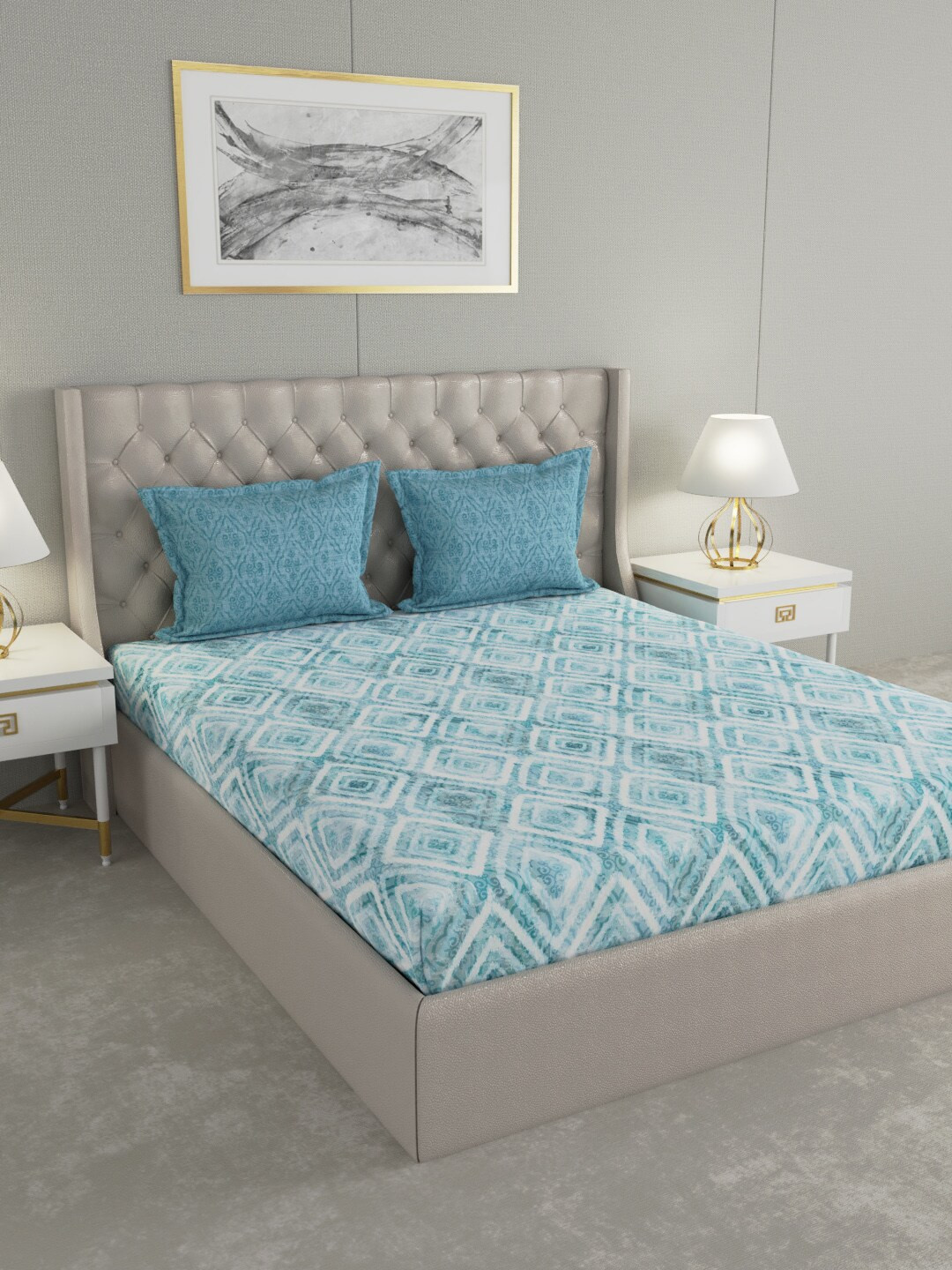 GM Blue Geometric Cotton 144 TC Queen Bedsheet with 2 Pillow Covers-228 x 274 cm