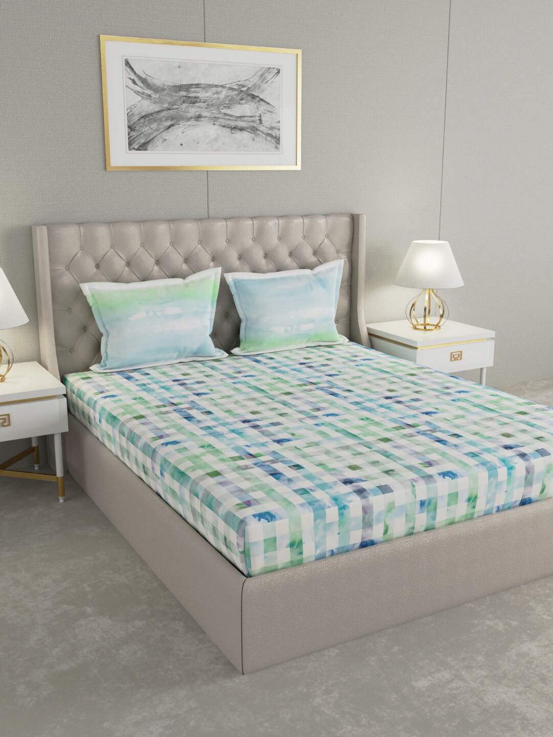 GM Gmf Regal Blue Checked Cotton 144 TC Queen Bedsheet with 2 Pillow Covers-90 x 108 inches