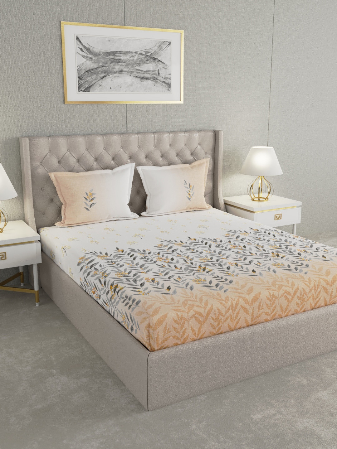 GM Regal White Leaf Cotton 144 TC Queen Superfine Bedsheet with 2 Pillow Covers-90 x 108 inches