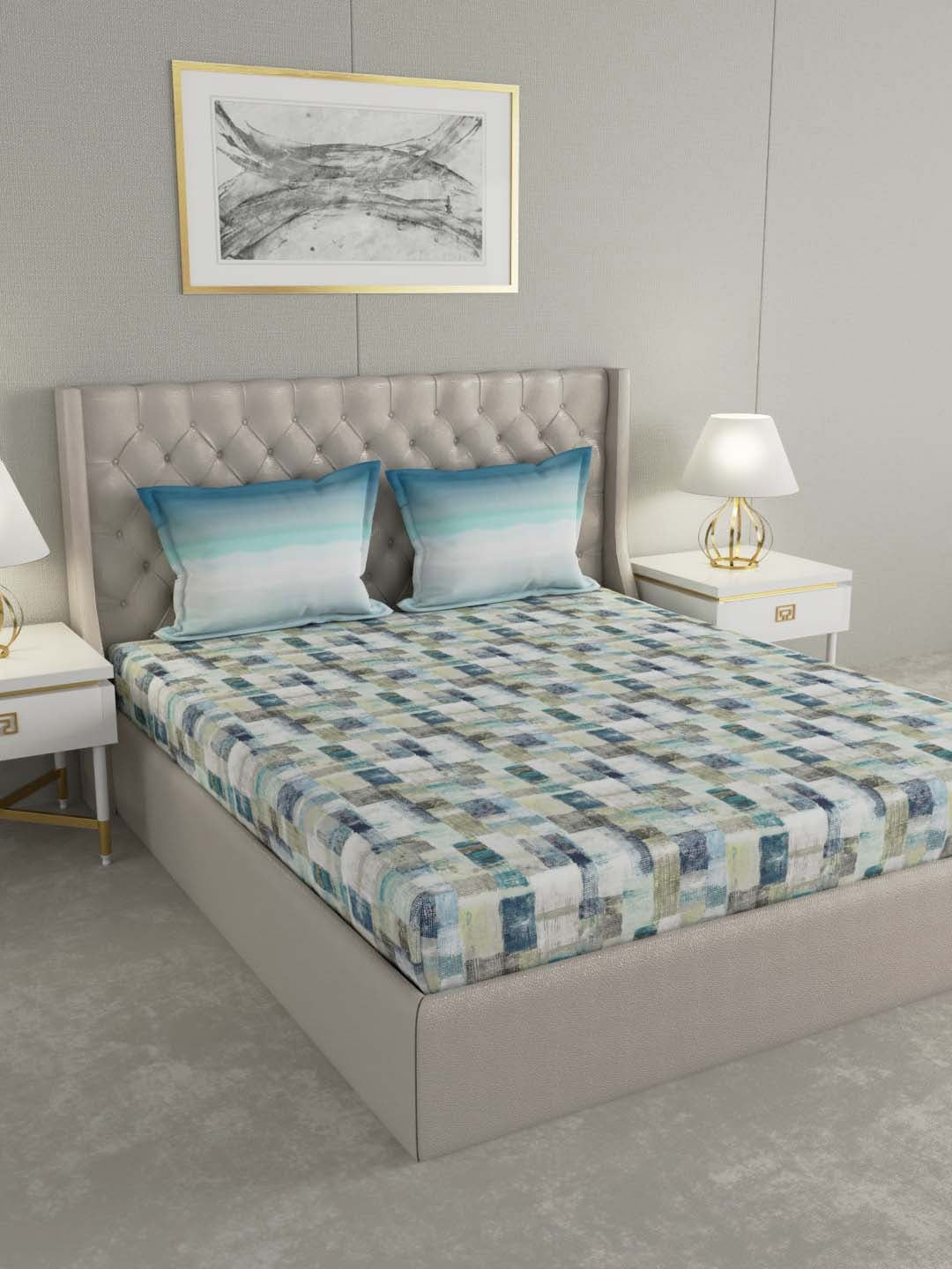 GM Blue Geometric Cotton 144 TC Queen Bedsheet with 2 Pillow Covers-90 x 108 inches