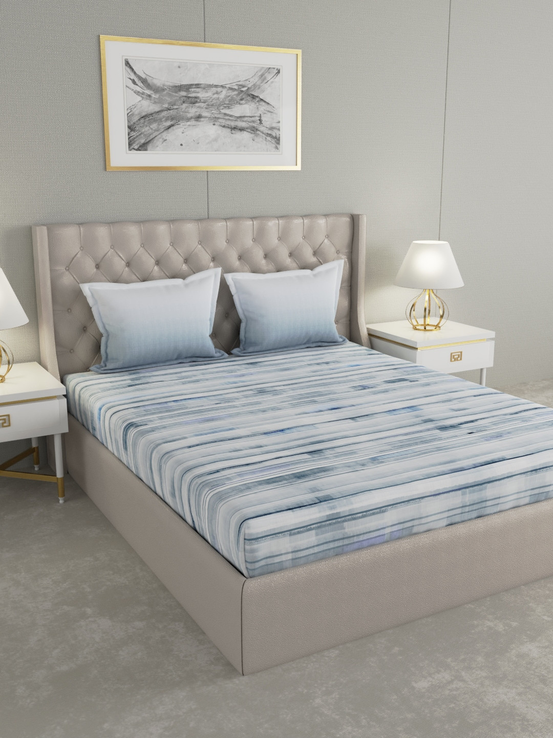 GM Dream Lover Blue Abstract Cotton 144 TC King Bedsheet with 2 Pillow Covers-228 x 274 cm