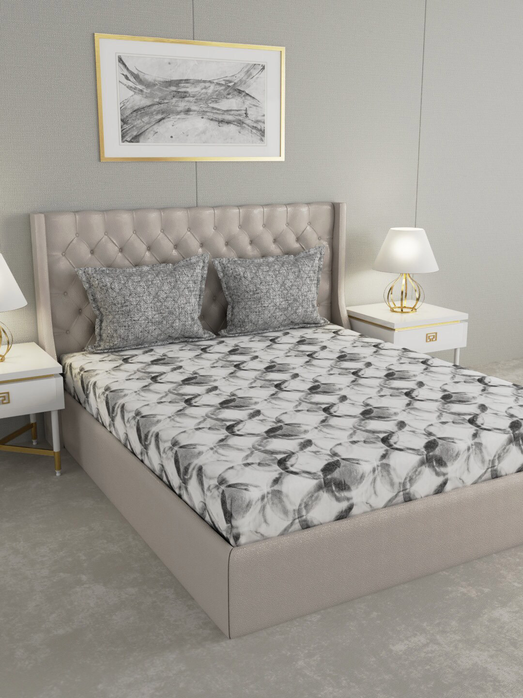 GM Grey Abstract Cotton 144 TC Queen Bedsheet with 2 Pillow Covers-228 x 274 cm