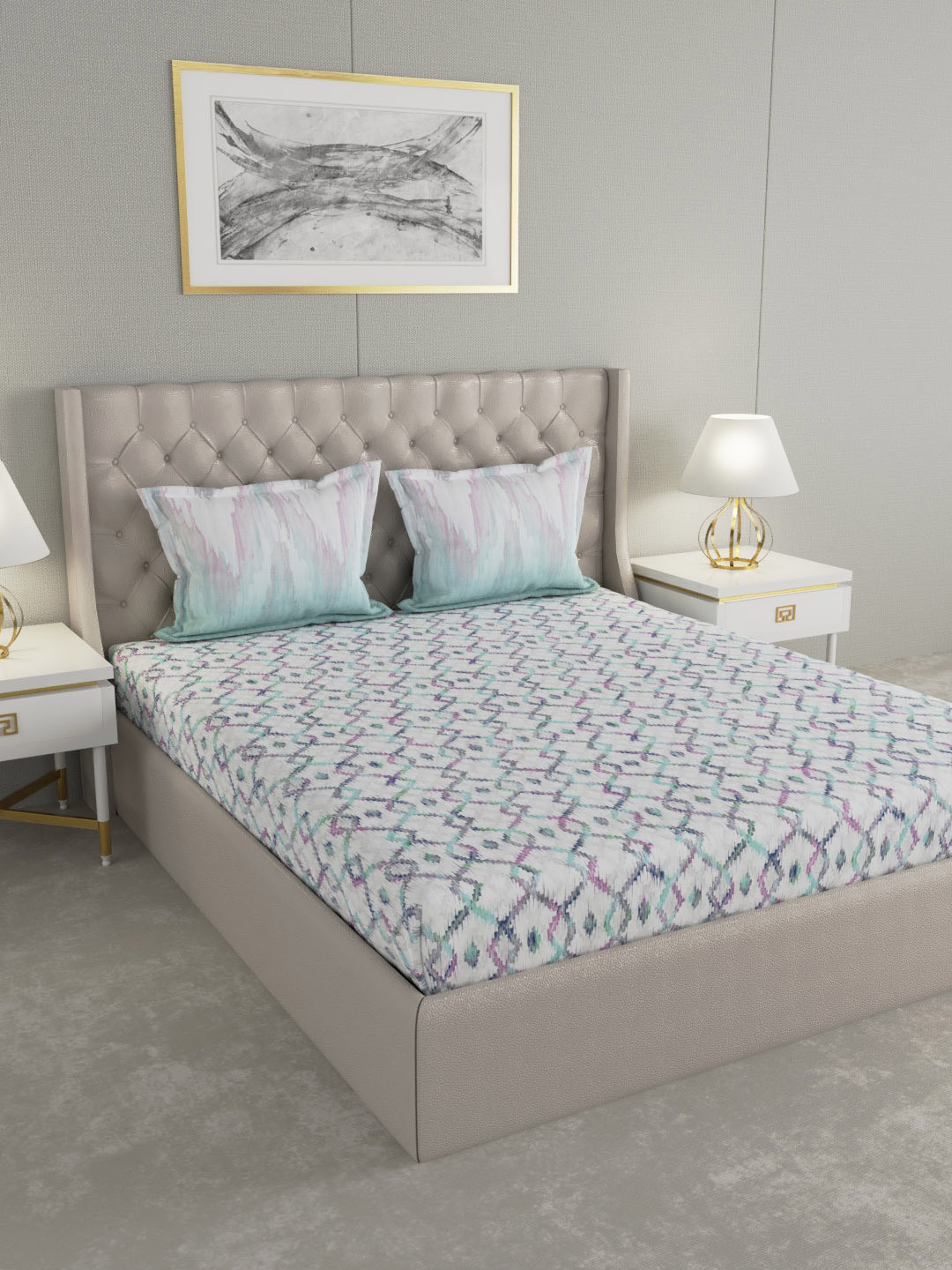 GM Regal Grey Geometric Cotton 144 TC Fitted Queen Bedsheet with 2 Pillow Covers-90 x 108 inches