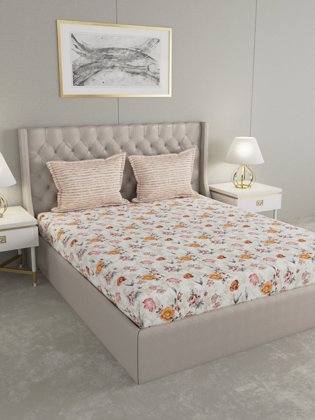 GM Grey & Orange Floral 144 TC Cotton 1 Super Queen Bedsheet with 2 Pillow Covers