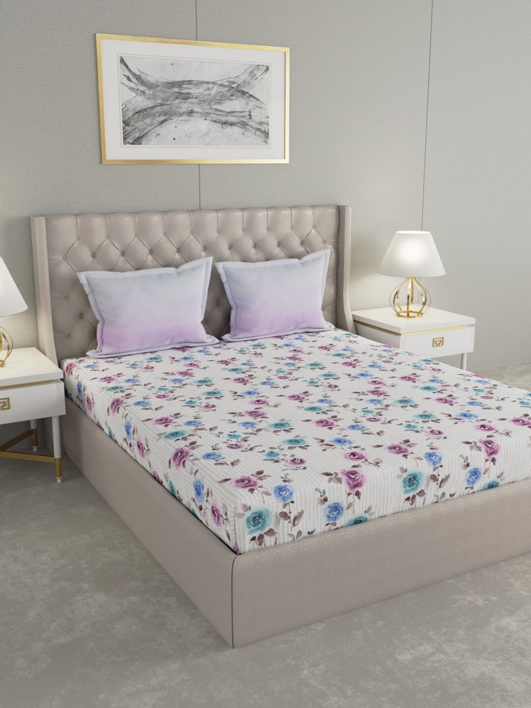 GM Regal White Floral Cotton 144 TC Queen Superfine Bedsheet with 2 Pillow Covers-90 x 108 inches