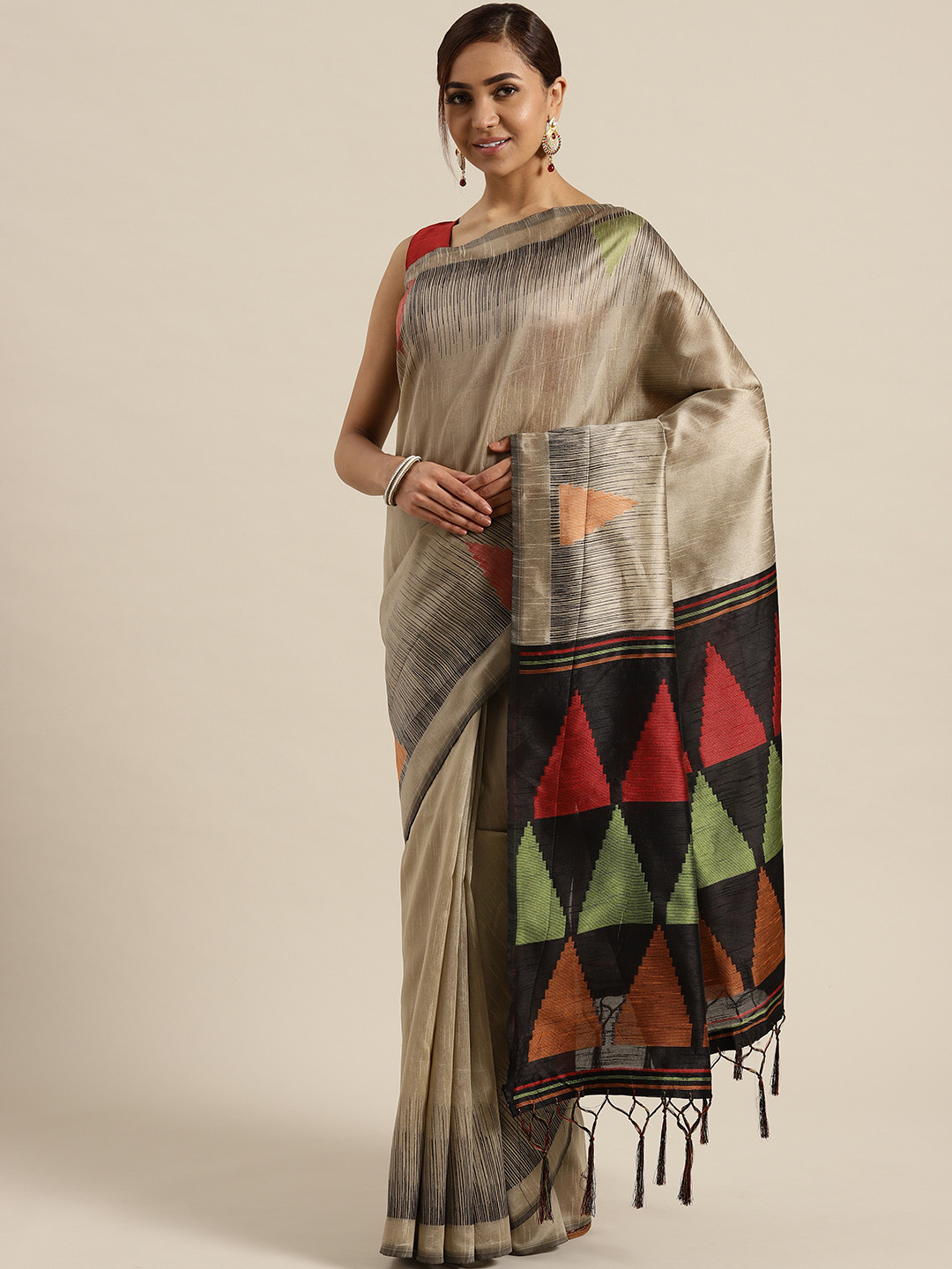 Saree mall Beige & Black Woven Design Saree