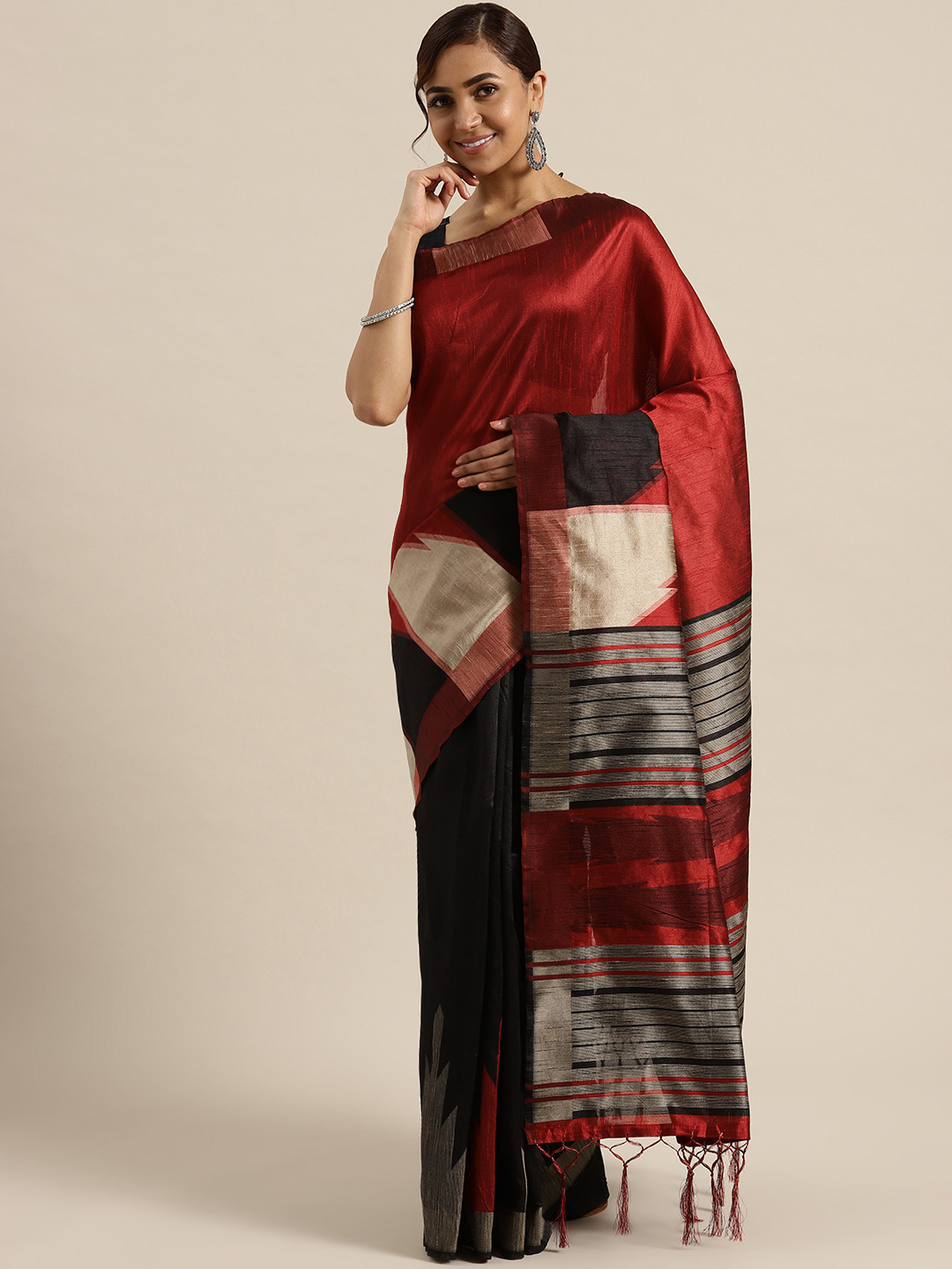 Saree mall Red & Black Woven Design Half & Half Saree