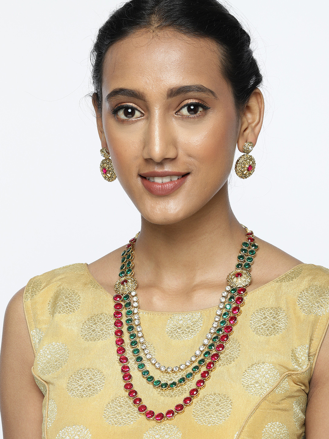 Zaveri Pearls Antique Pink & Gold-Toned Stone Studded Multi Layered Jewellery Set