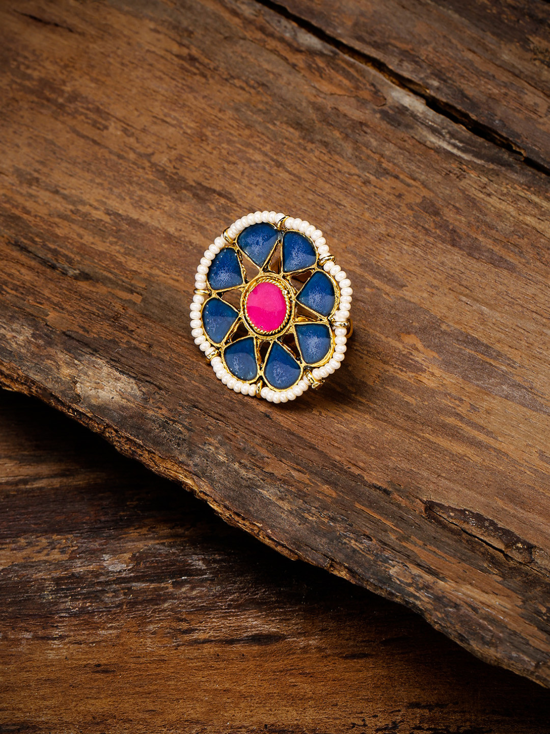 Zaveri Pearls Women Blue Beaded Enamelled Finger Ring