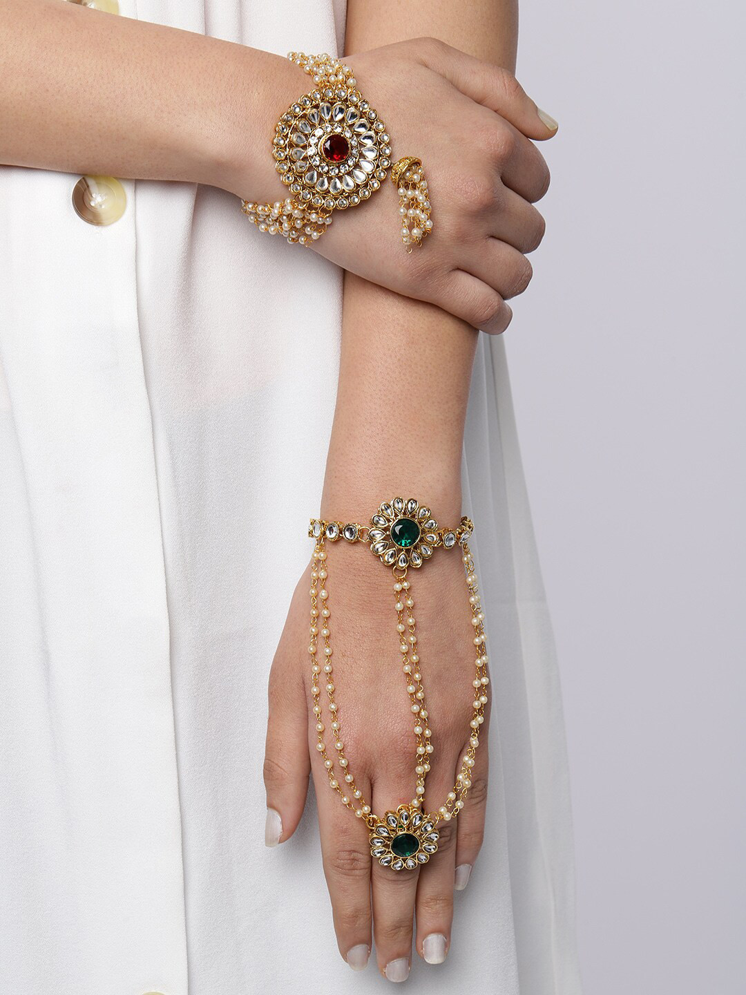Zaveri Pearls Set Of 2 Gold-Plated Pearl & Kundan Studded Wedding Collection Bracelets