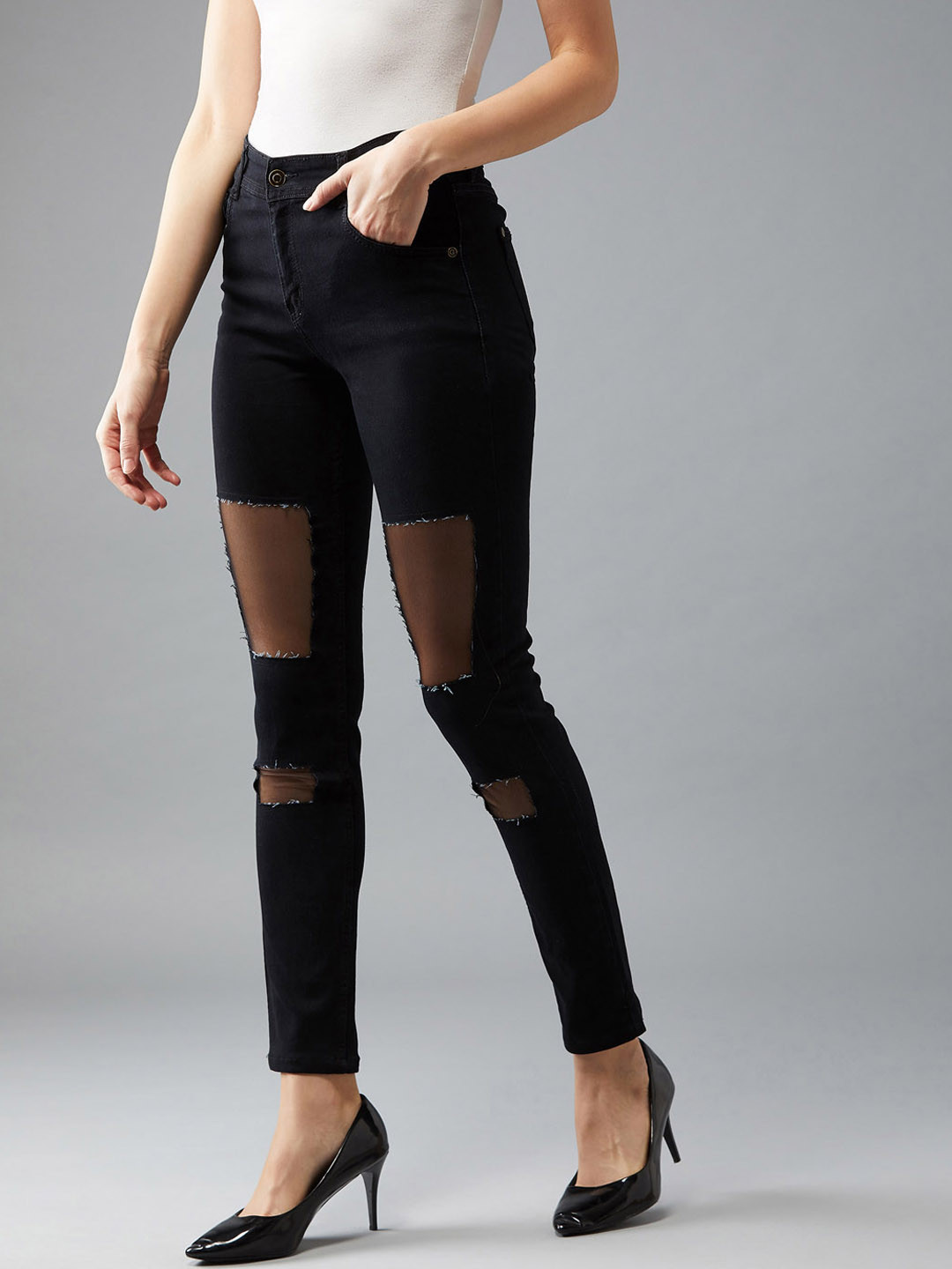 DOLCE CRUDO Women Black Slim Fit High-Rise Slash Knee Stretchable Jeans