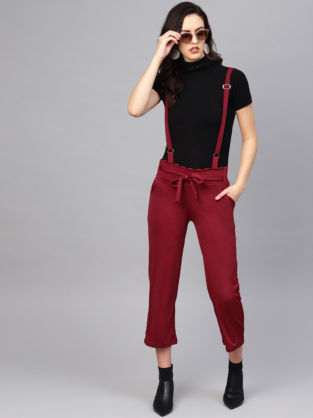 VOXATI Women Maroon Solid Cropped Dungarees