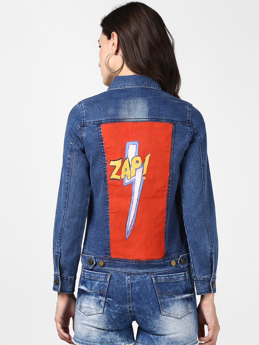 StyleStone Women Blue Hand Painted Denim Jacket