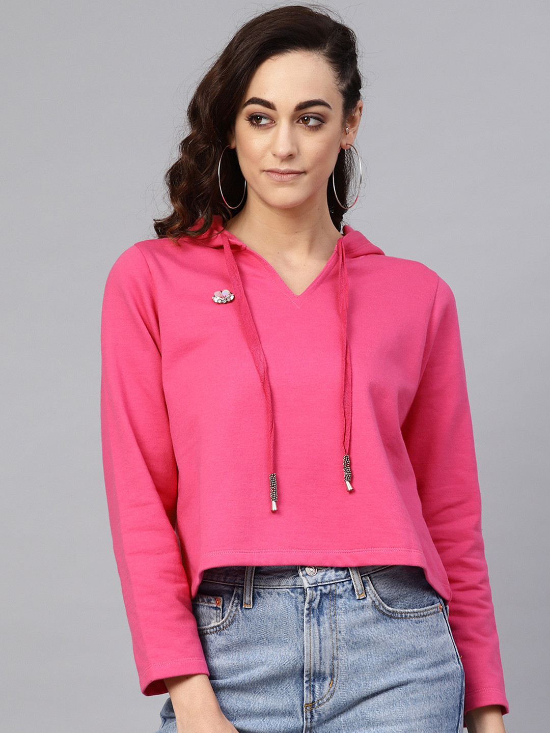 Antheaa Women Pink Solid Hooded Crop Sweatshirt