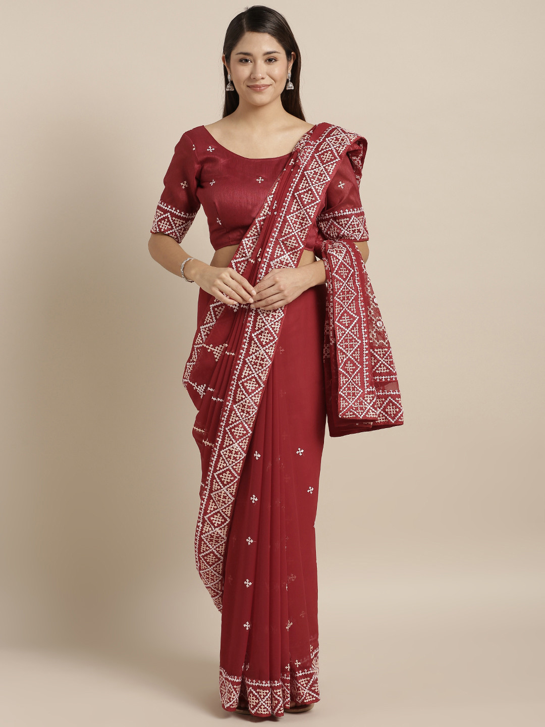 Kvsfab Maroon & White Embroidered Poly Georgette Saree