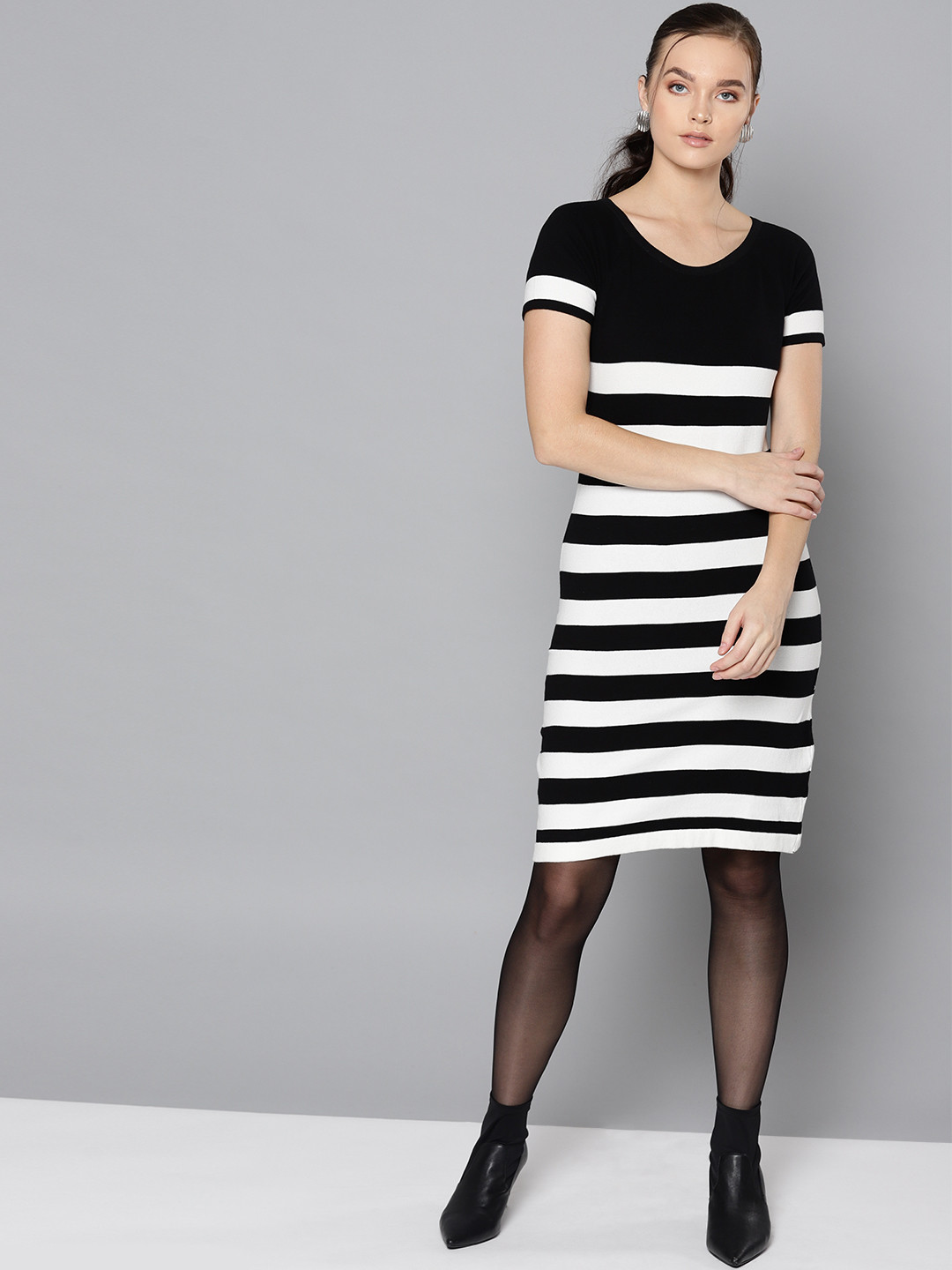 STREET 9 Women Black & White Striped Sheath Dress