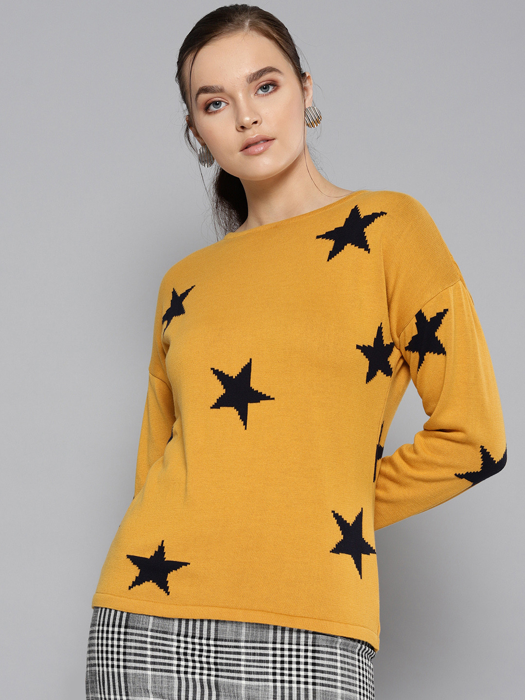 STREET 9 Women Mustard Yellow & Black Self Design Sweater