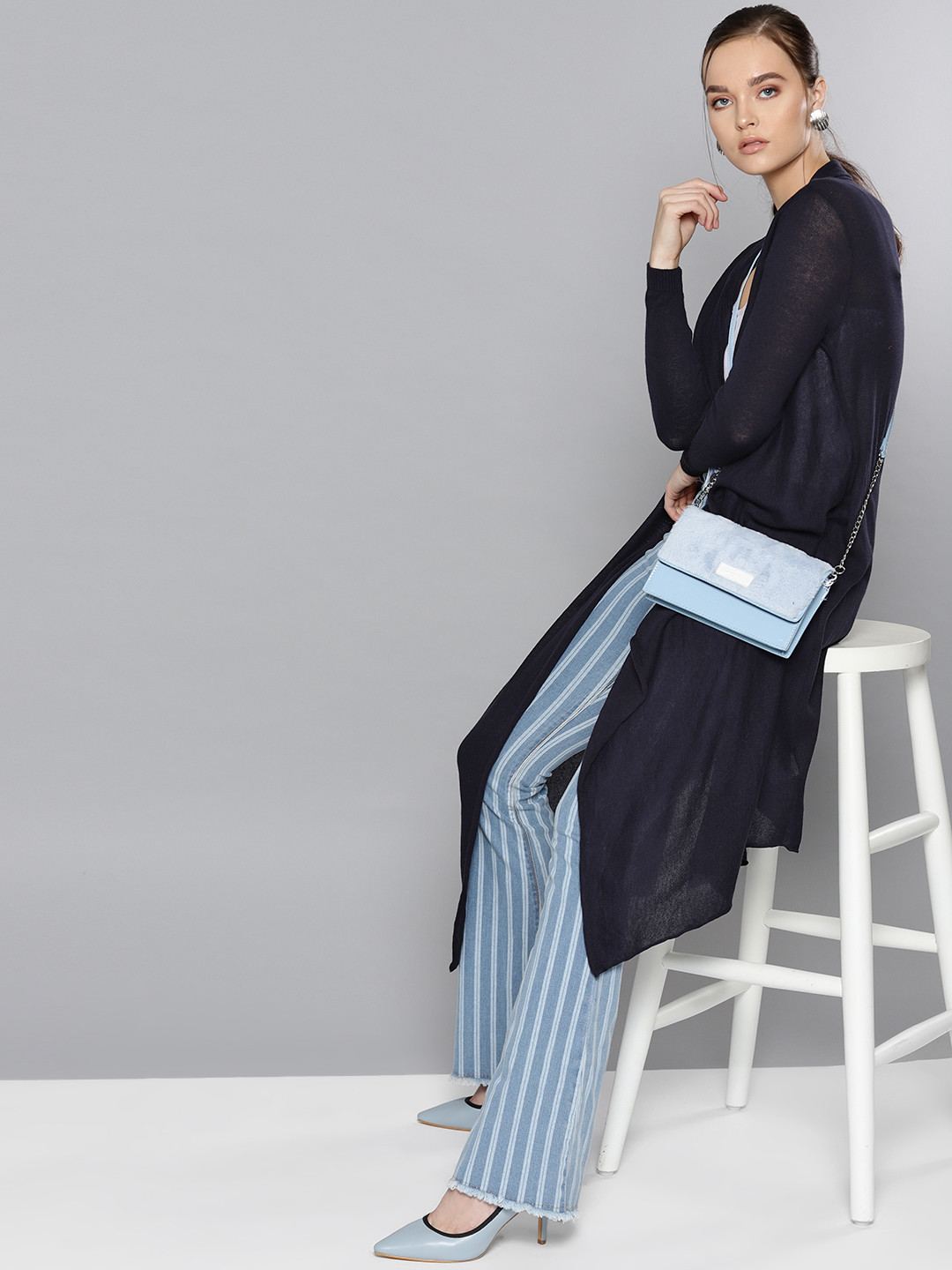 STREET 9 Women Navy Blue Solid Longline Waterfall Shrug