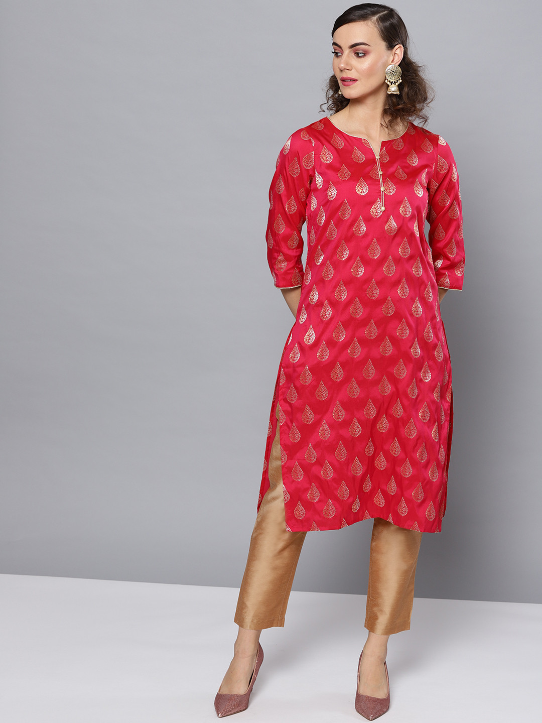 STREET 9 Women Fuchsia & Beige Self Design Kurta with Trousers