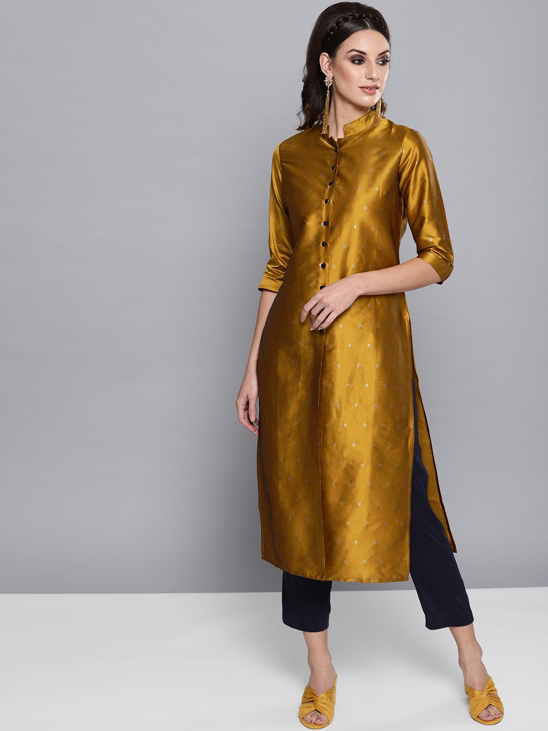 STREET 9 Women Mustard Yellow & Navy Blue Self Design Kurta With Trousers - Kurta Sets for Women 10683852 | Myntra
