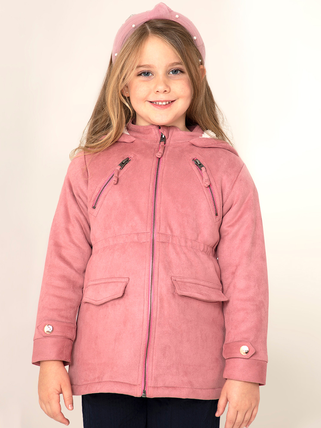 Cherry Crumble Girls Peach Solid Pastel Longline Hooded Jacket