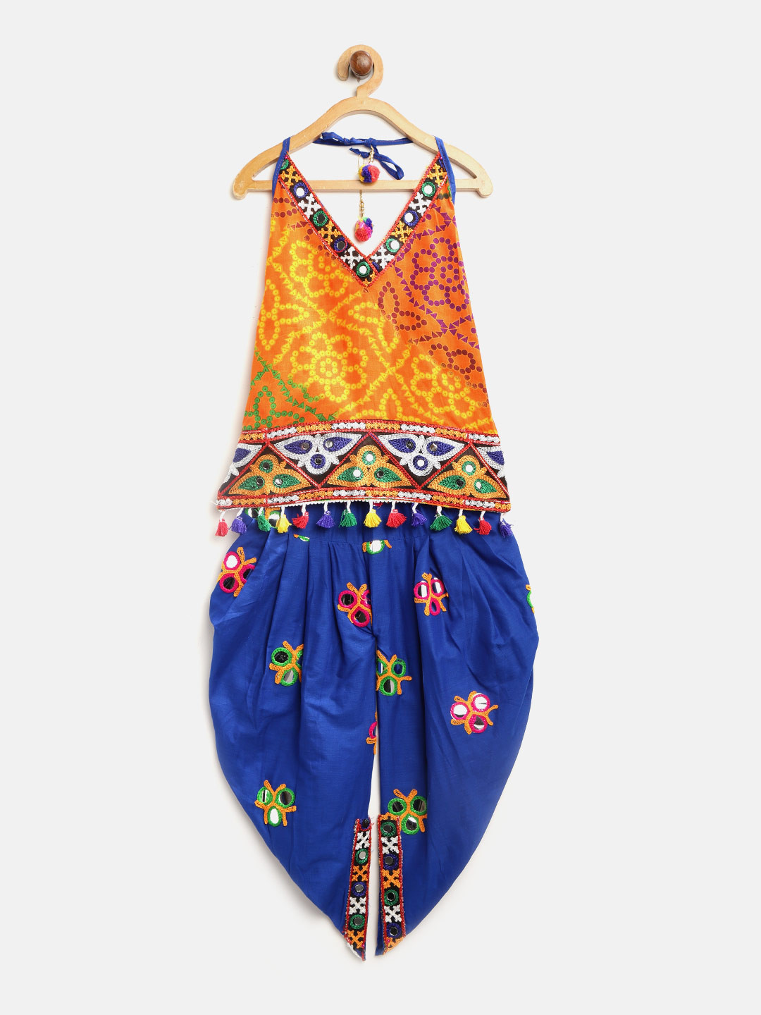 BownBee Girls Orange & Blue Bandhani Print Kurti with Dhoti Pants