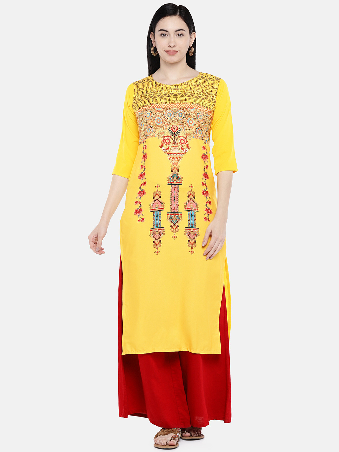 7Threads Women Yellow Printed Straight Kurta