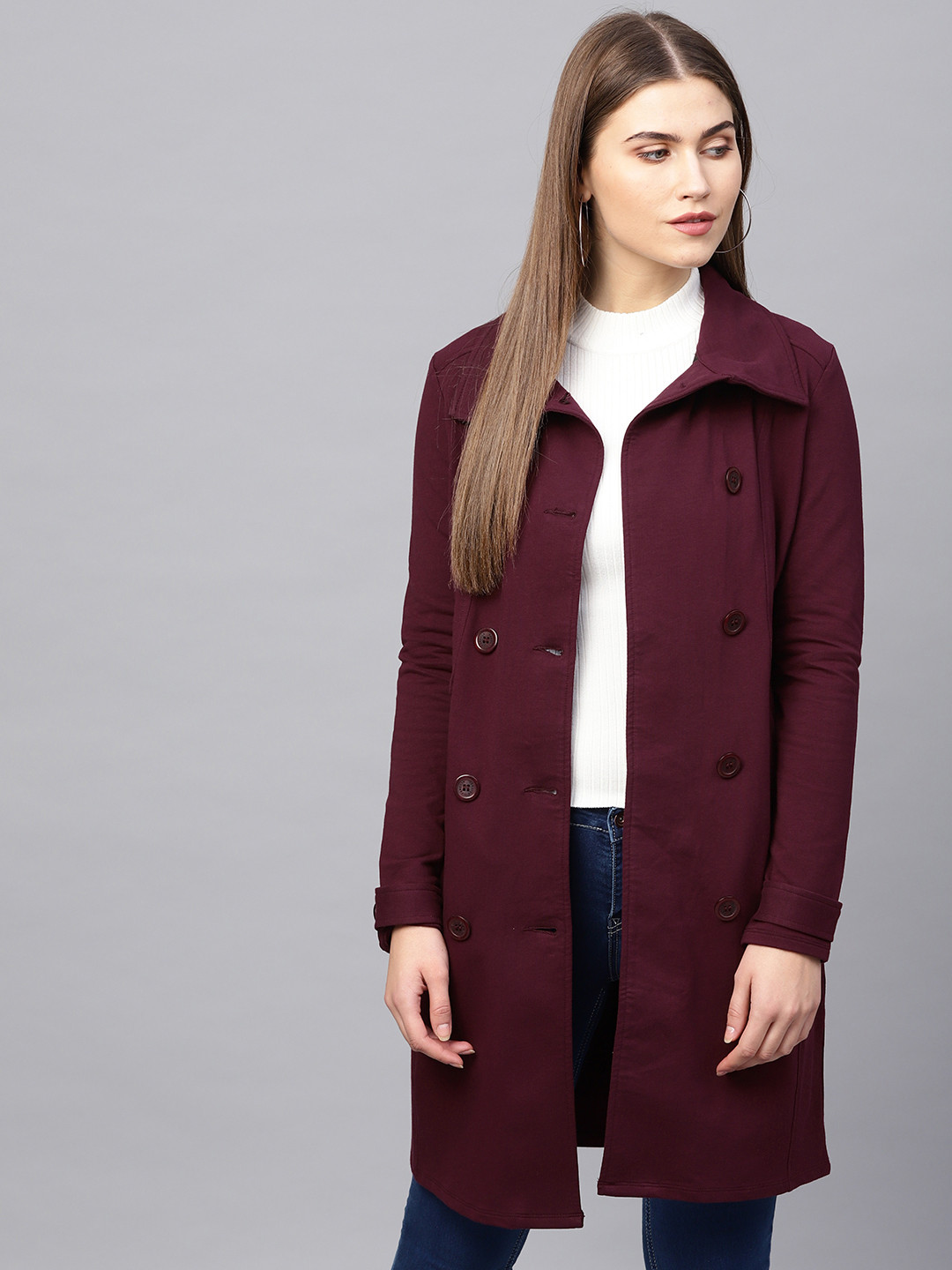 Buy FEMMELLA Women Burgundy Solid Double-Breasted Coat Coats for