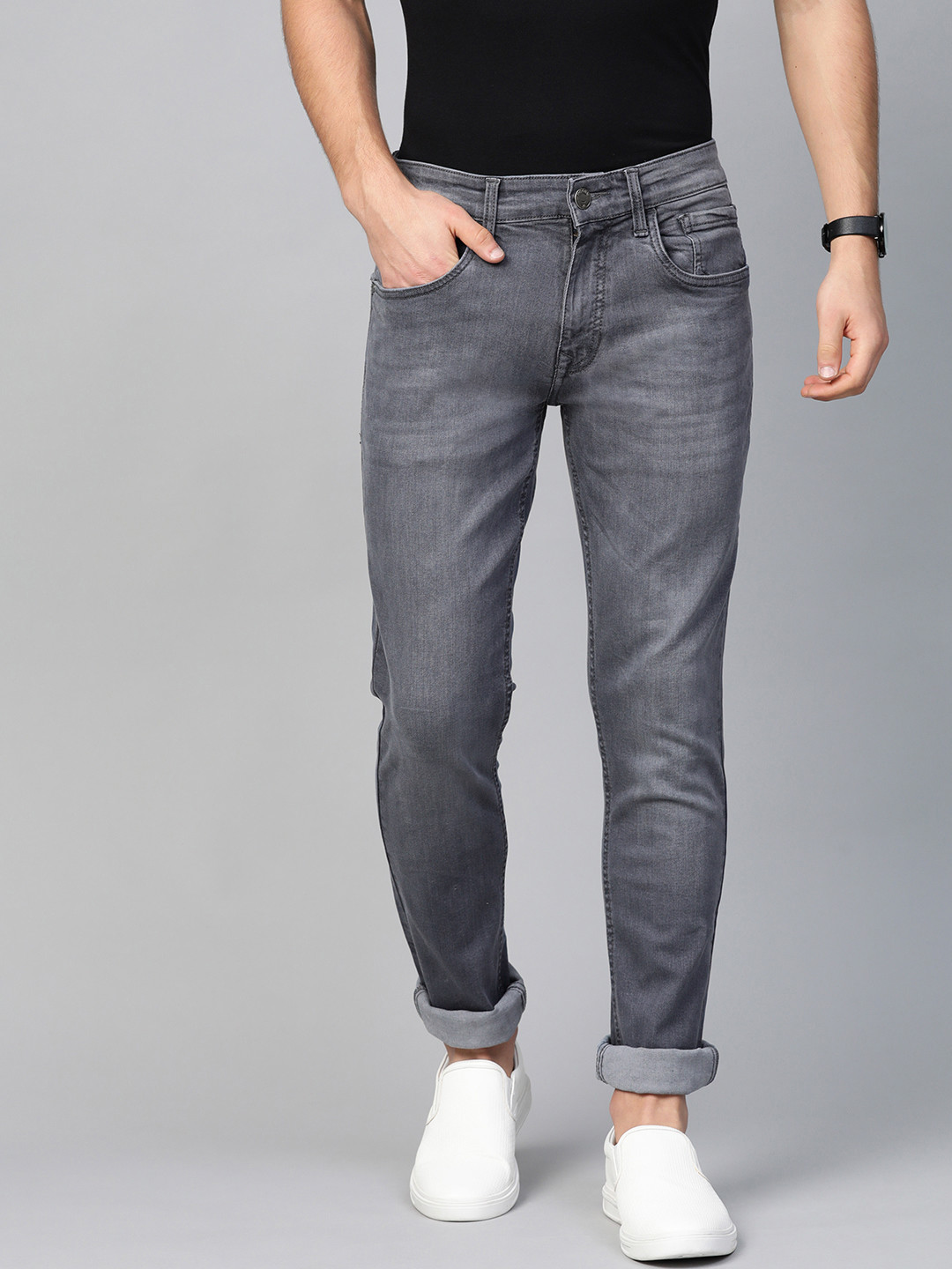 WROGN Men Grey Slim Fit Mid-Rise Clean Look Stretchable Jeans