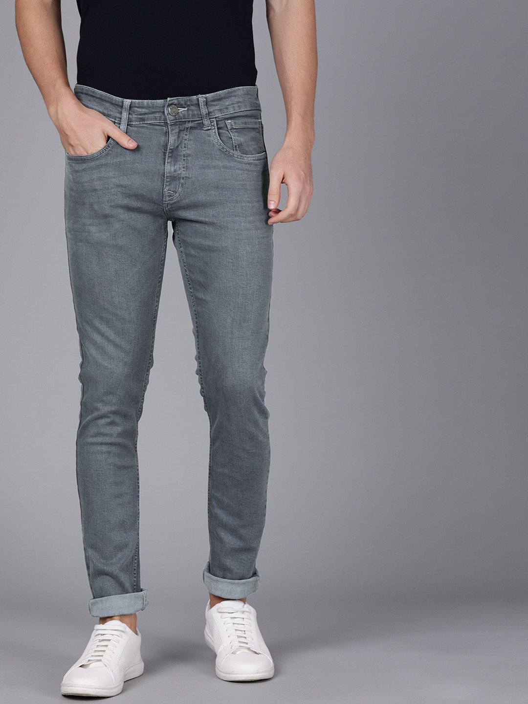 WROGN Men Grey Slim Fit Low-Rise Clean Look Stretchable Jeans