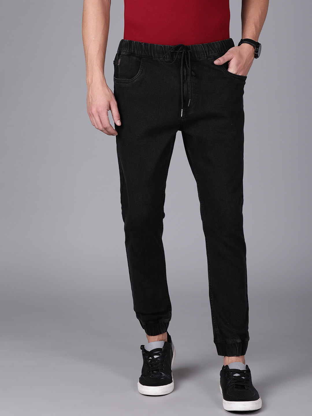 WROGN Men Black Jogger Fit Mid-Rise Clean Look Stretchable Jeans