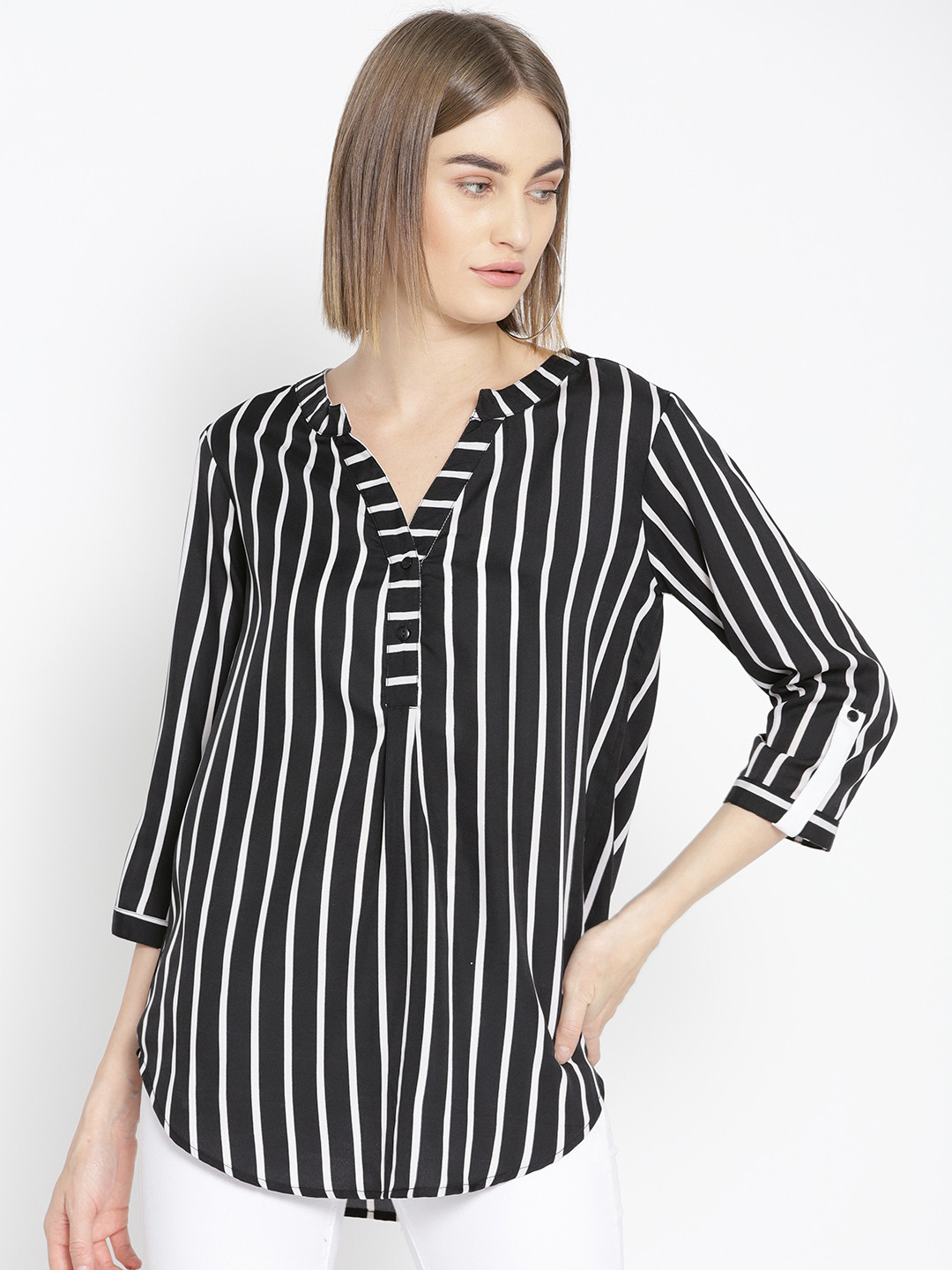 Qurvii Plus Size Women Black  White Striped Shirt Style Top