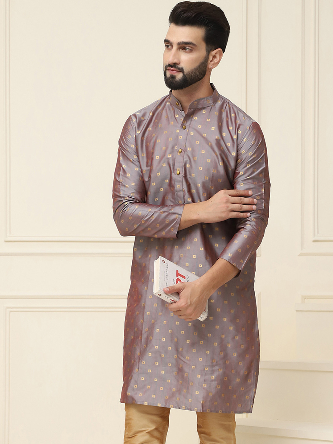 SOJANYA Men Grey & Pink Two-Toned Woven Design Straight Kurta