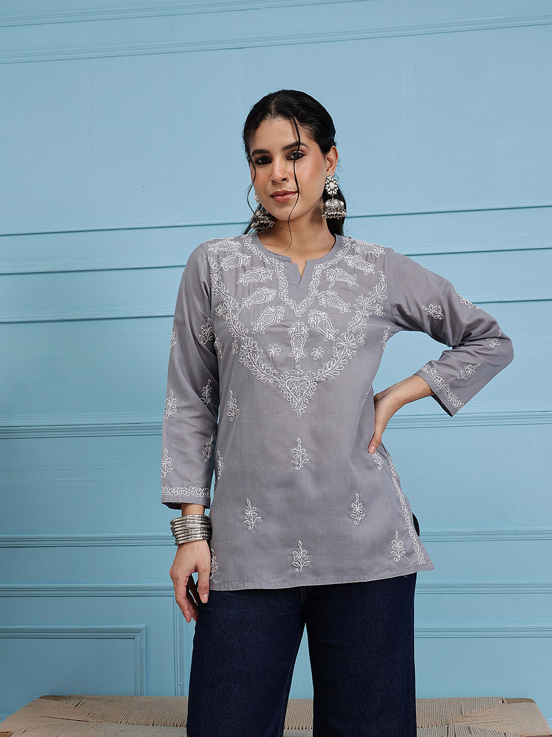 ADA Women Grey & White Chikankari Hand-Embroidered Pure Cotton Kurti