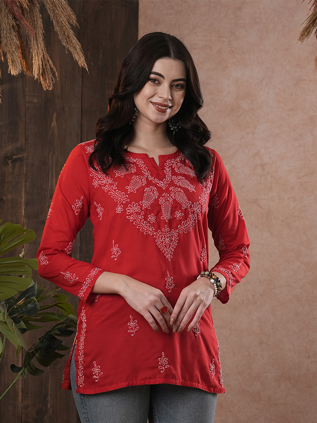 ADA Women Red Chikankari Embroidered Pure Cotton Semi-Sheer Straight Kurti