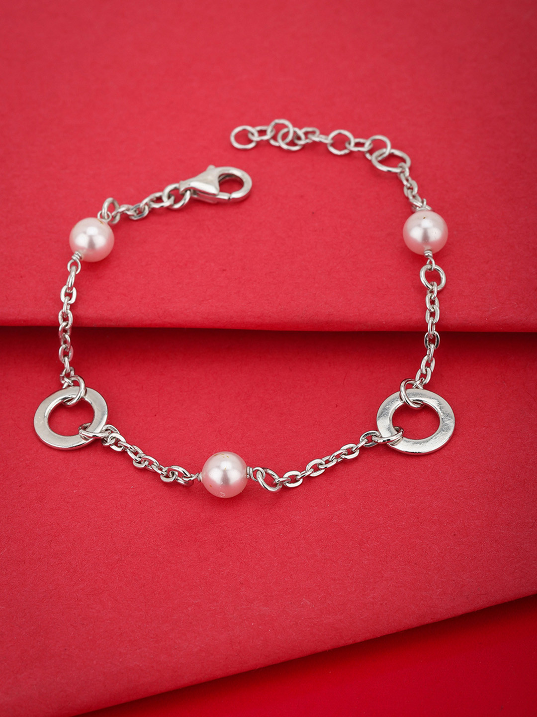 Carlton London Silver-Toned & Light Pink Rhodium-Plated Beaded Link Bracelet