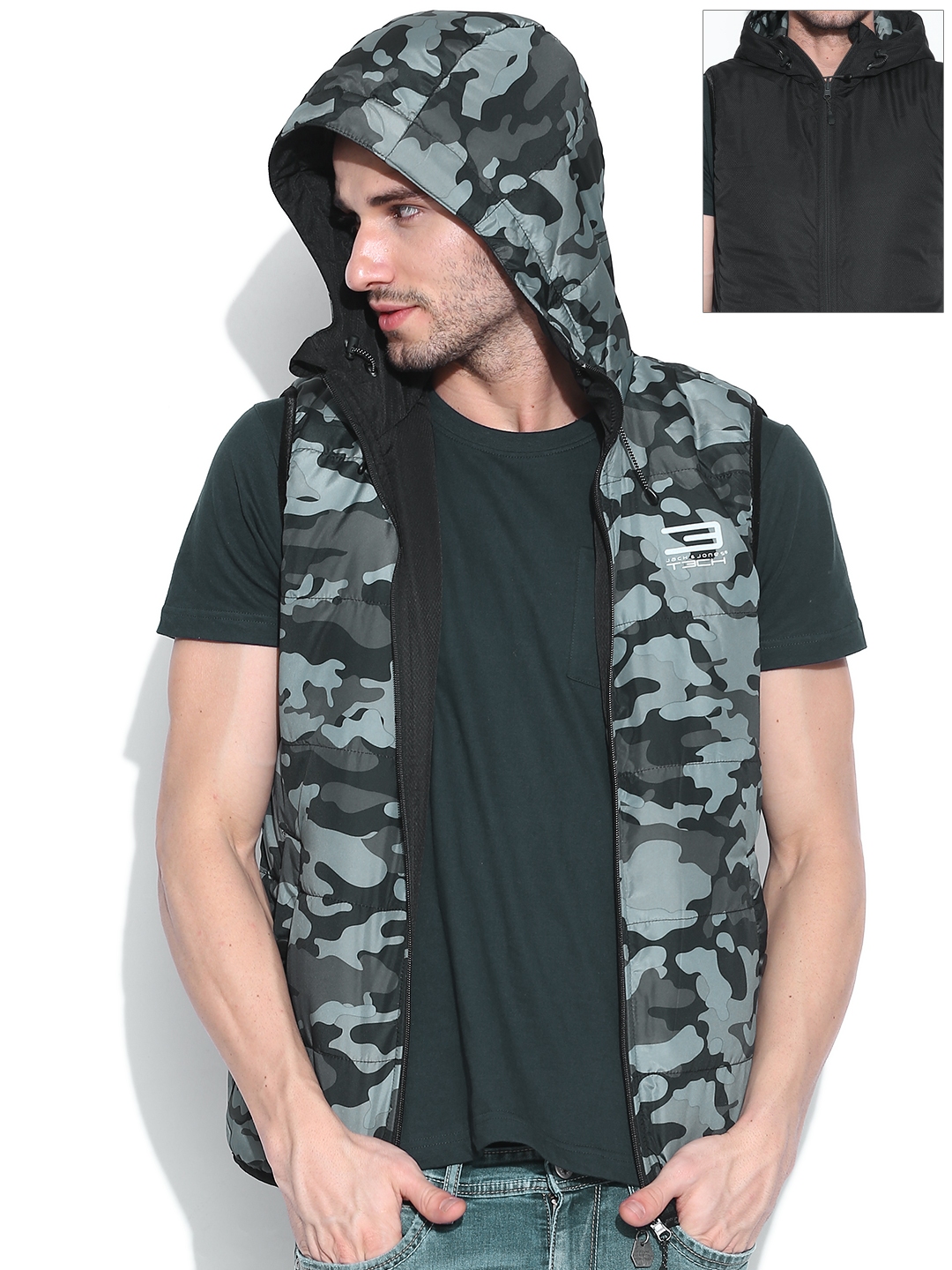 Jack & Jones Green & Black Camouflage Print Hooded Reversible Sleeveless  Jacket