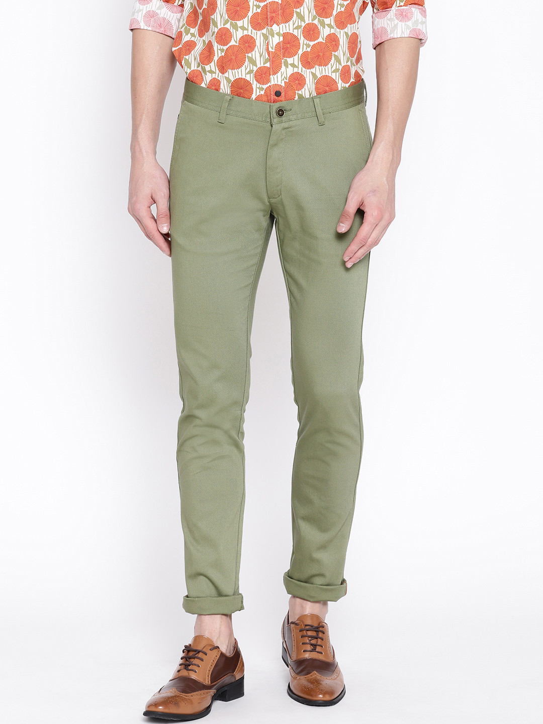 Blackberrys Men Olive Green Sharp Regular Fit Self Design Chinos